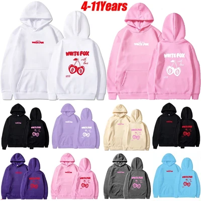 Girls Boys White Black Cherry Foxs Pocket Hoodie Kids Sweatshirt Casual Pullover