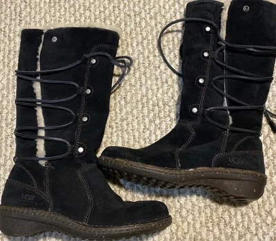 Ugg Women’s Boots Size 7 Black Leather Sheepskin Lace Up Tall Boots Australia - Image 1 of 4