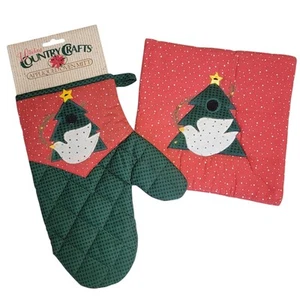 Vintage 90er Weihnachten Ofenhandschuh Topfhalter Set Baum Vogel Applikation rot grün Urlaub - Bild 1 von 8