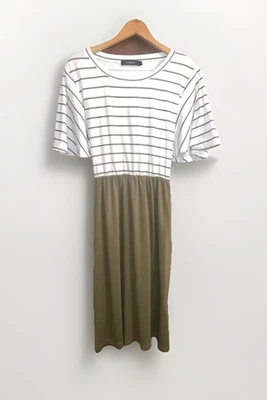 Vestido midi a rayas de moda M blanco y verde oliva informal elegante Foto 1 de 4