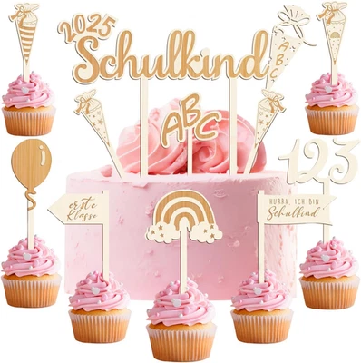 Tortendeko Einschulung Holz Junge Mädchen Cake Topper Schulanfang Deko - Bild 1 von 4