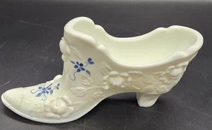 Fenton Art Glass Milk White Cabbage Rose Hand Painted Shoe Slipper Blue Flowers - Picture 1 of 6