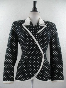 Women's 6 Vtg 1980's Lillie Rubin Polka Dot Suit Coat Blazer Jacket Black Ivory - Picture 1 of 18