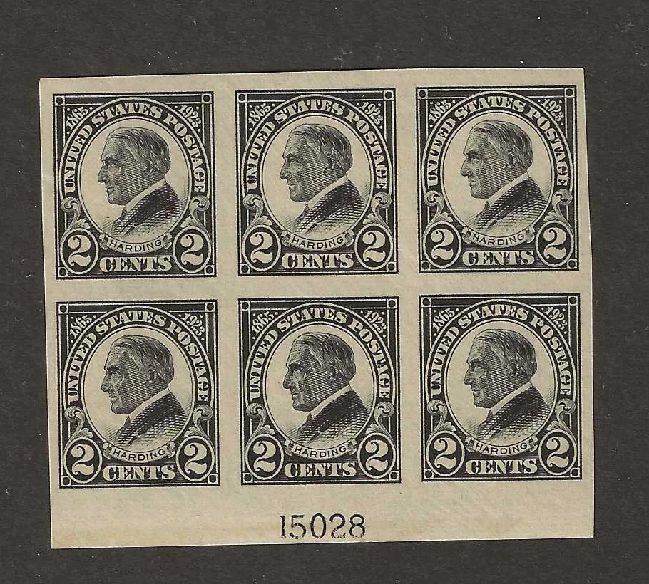 US Scott #611 mint never hinged pl# block of 6, 1923 2c black Harding Memorial - Image 1 of 2