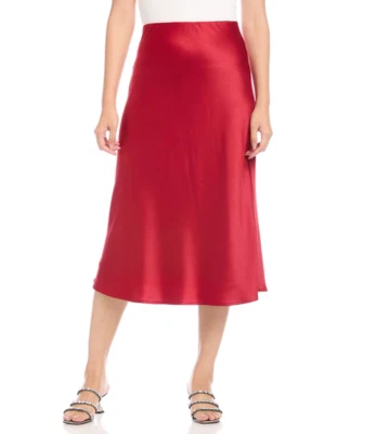 Saia midi Karen Kane corte viés cetim vermelho elegante tamanho M nova com etiquetas defeito $148 - Imagem 1 de 4