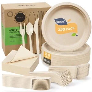 250pcs Disposable Paper Plates Set Compostable Party Supplies Biodegradable Dinn - Picture 1 of 7