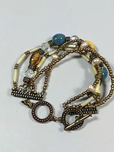 Bronze Tone Blue Ceramic Bead tribal Style Faux pearl Bracelet 8.5 inch - Picture 1 of 5