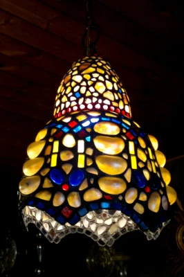 Antike Kunsthandwerk Perlmutt Alabone Muschel Buntglas Deckenleuchte - Bild 1 von 4