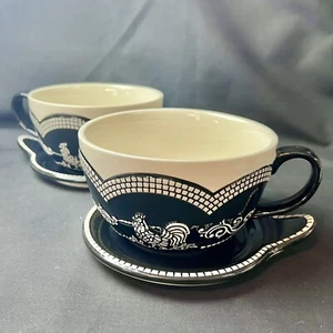 Pair (Set 2) Temp-Tations Doodle Do Black Ivory Soup Bowl Mugs w/Lids Covers EUC - Picture 1 of 9