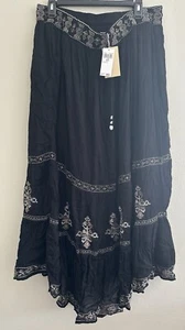 Elie Tahari Woven Boho Peasant Skirt Embroidered Elastic Floral Black Large - Picture 1 of 4