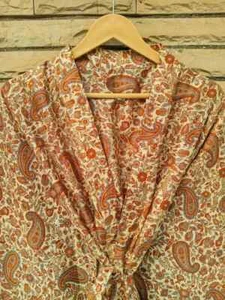 Midi Kimono Pure Silk Robe Knee Length Gown silk Kimono Robe Beige MKMO1259 - Picture 1 of 8