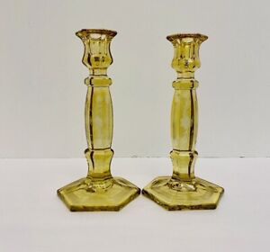 Pair of Vintage Yellow Depression Glass Etched Floral Candle Candlestick Holders