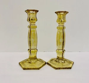 Kerzenständer Vintage gelb Depression Glas geätzt Blumen A12 - Bild 1 von 8