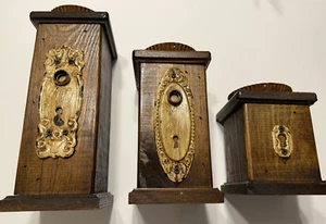 Set of 3 Vintage handmade square wooden candle holders with door key decorations - Picture 1 of 9