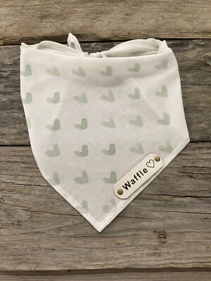Dog Bandana, Sage Hearts Valentine's Day, White Leather Personalized Name Tag - Image 1 of 4