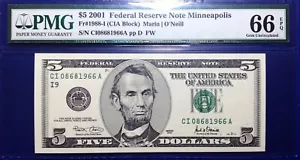 2001 $5 Federal Reserve Note Fr-1988-I Minneapolis PMG66 Gem EPQ - Picture 1 of 2