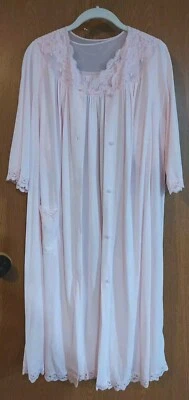 Shadowline Women's Pink Nylon Embroidered Gown Chemise & Button Up Robe Set Med - Image 1 of 4