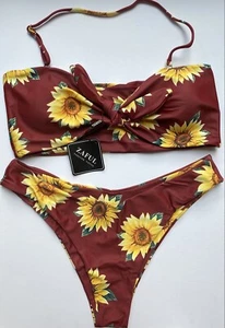 Zaful Burgundy & Yellow Floral Bandeau Top & Bottoms Swimwear Bikini Set BNWT 12 - Picture 1 of 8