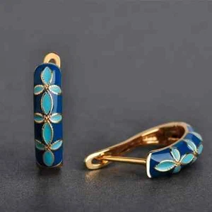 Exquisite Luxury Court Vintage Style Hoop Earrings Blue Enamel Flower Accents - Picture 1 of 5