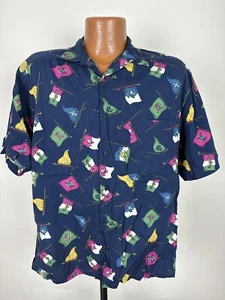 Vintage 80s 90s Claiborne Flags Shirt Men M Navy Nautical Hawaiian Short Sleeve - Picture 1 of 15