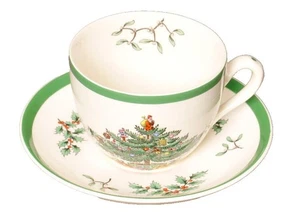 Spode Christmas Tree grüne Borte flache Teetassen und Untertassen, Made England - Bild 1 von 9
