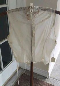 Antike ärmellose Baumwollbluse edwardianisch elfenbeinfarben um 1900 mit Ösenpasse Kragen S/XS - Bild 1 von 3