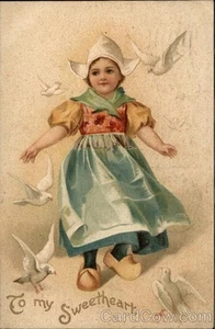 Romantic Children To My Sweetheart-Dutch Girl with Doves 1908 Postcard 1c stamp - Picture 1 of 2