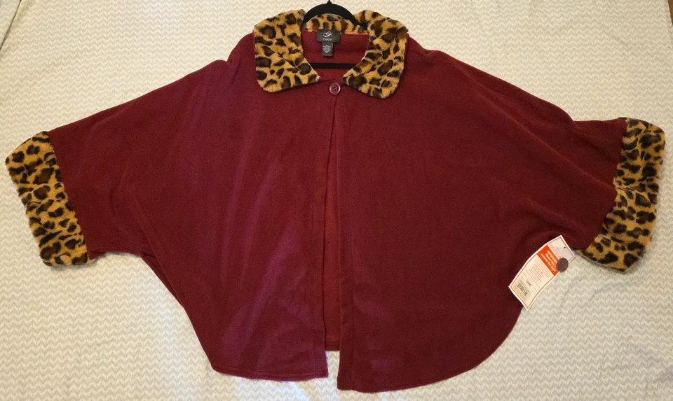 Capa roja con ribete de piel de leopardo sintética frente abierto para mujer talla única capa de hombro Foto 1 de 4