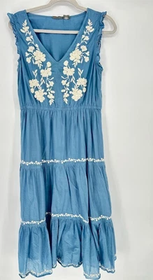 Vestido Lucky Brand Talla M Azul Midi Floral Bordado Volantes en Niveles Campesino Boho Foto 1 de 4
