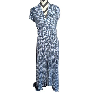 Nom Maternity L Blue White Geometric Faux Wrap Maxi Dress - Picture 1 of 7