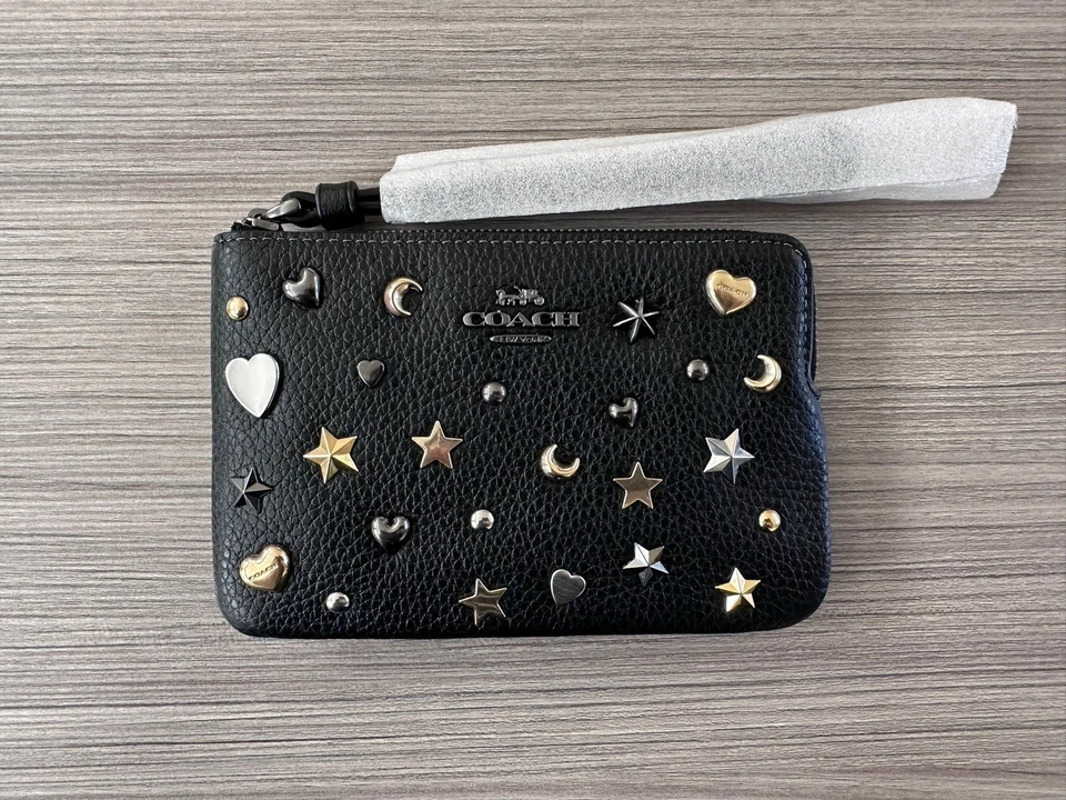 COACH BLACK CELESTIAL RIVETS CORNER ZIP WRISTLET CCJ75