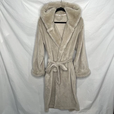 Pottery Barn Plush Robe Women’s L Sherpa Trim Tan Hooded Belted Luxury Spa Cozy - Image 1 of 4