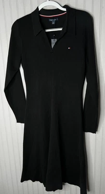 Tommy Hilfiger Dress Womens Large Black Ribbed Knit Polo Shirt Dress Long Sleeve - Image 1 of 4