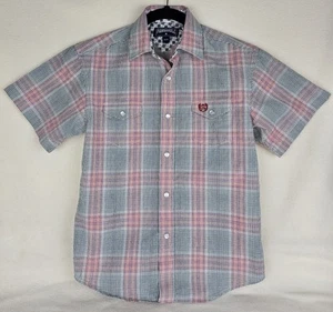Panhandle Boys Sz M Western Shirt Short Sleeve Green Plaid Pearl Snap Cowboy - Picture 1 of 7