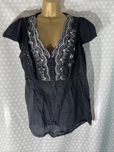 Womens New Look Inspire Plus Size Uk 24 Black Embroidered Cap Sleeve Blouse Top - Picture 1 of 7