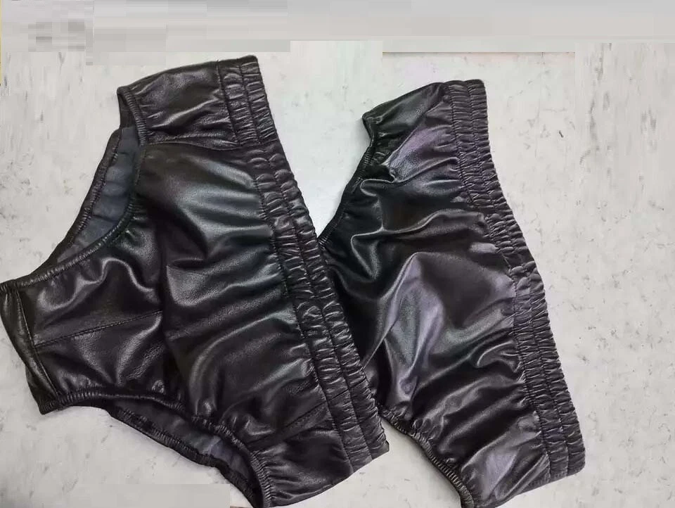 Men Sheepskin Pair of two Black Real Leather Double Layered Briefs Underwear - Image 1 of 4
