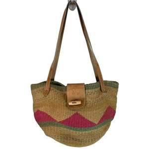 Vintage geflochtene Sisal Jute Schultertasche Markttasche Ledergriffe Boho Festival - Bild 1 von 10