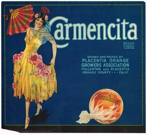 ORIGINAL ORANGE COUNTY CRATE LABEL 1933 PLACENTIA FULLERTON CARMENCITA - Picture 1 of 1