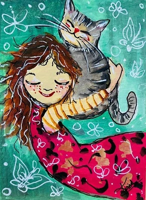 ACEO Caprichosa Niña Abrazando Gato Pintura Acrílica Linda Tarjeta de Arte Animal Única NUEVO Foto 1 de 4