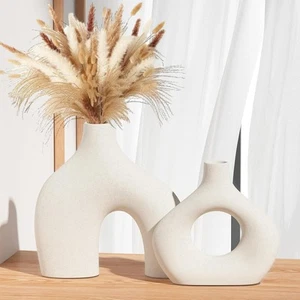 White Ceramic Vase Set of 2, Pampas Grass Vases for Home Decor, Off-white - Picture 1 of 7