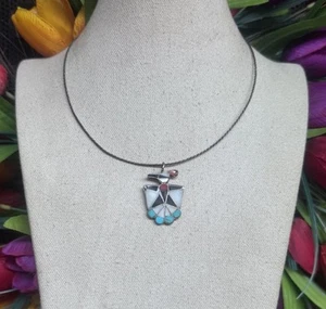 Native American Zuni Sterling Thunderbird Necklace MOP Turquoise Coral Chocker#8 - Picture 1 of 6