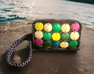 Crochet Multicolor Wooden Women’s Wallet Wristlet Barrel Shaped Zip Structured - Picture 1 of 9