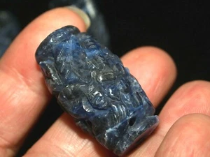 Vintage Carved Chinese Bead Blue Sodalite Flower Leaves 31mm x 17mm Barrel Oval - Picture 1 of 7
