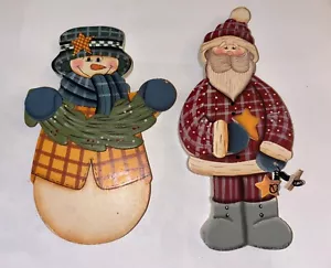2 Wood Wooden Christmas Wall Plaque Ornaments Snowman Santa Primitive Rustic 6” - Picture 1 of 2
