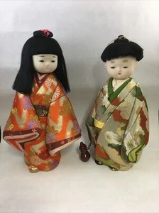 Japanese Dolls Couple Kimono Doll 11" Vintage Figurine Fabric Porcelain Wedding - Picture 1 of 12