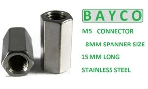 M5 - 5MM ST/STEEL ALLTHREAD CONNECTOR DEEP NUT 15MM LONG A2 STAINLESS STEEL. 5MM - Picture 1 of 3