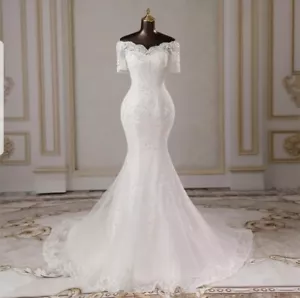 UK White/ivory Off Shoulder Mermaid Sequins Short Sleeve Wedding Dress Size 12 - Picture 1 of 5