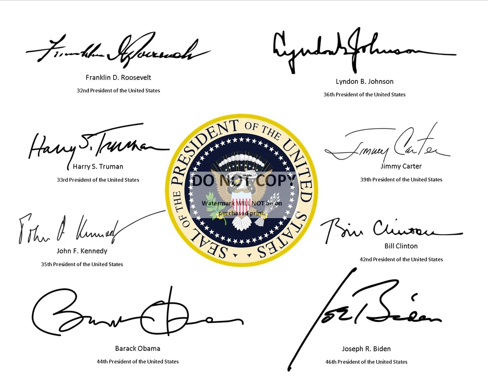 SELLO PRESIDENCIAL CON FIRMAS* DE LAS ÚLTIMAS 8 FOTOS POTUS DEMOCRÁTICAS 8X10 (RP-084) Foto 1 de 1