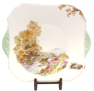 Vintage Shelley England Heather Rural Country Scene Green Tab Handles Cake Plate - Picture 1 of 7