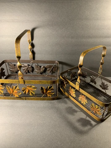 2 Vtg  Metal Leaves Hand Painted  Baskets~Halloween~Harvest Bread Baskets Cover